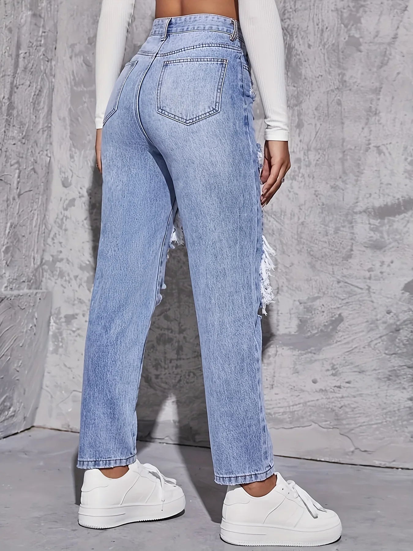 CPSYMYM Amerikanische Retro-Jeans mit Locher für Damen, hohe Taille, gerader Schritt, lockeres, schlankes Design, High-Street-Vibe, weitbeiniger Draggi